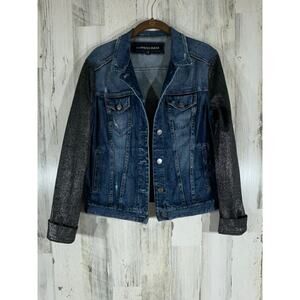 Express Womens Jean Denim Trucker‎ Jacket Size Small Gunmetal Metallic Sleeves